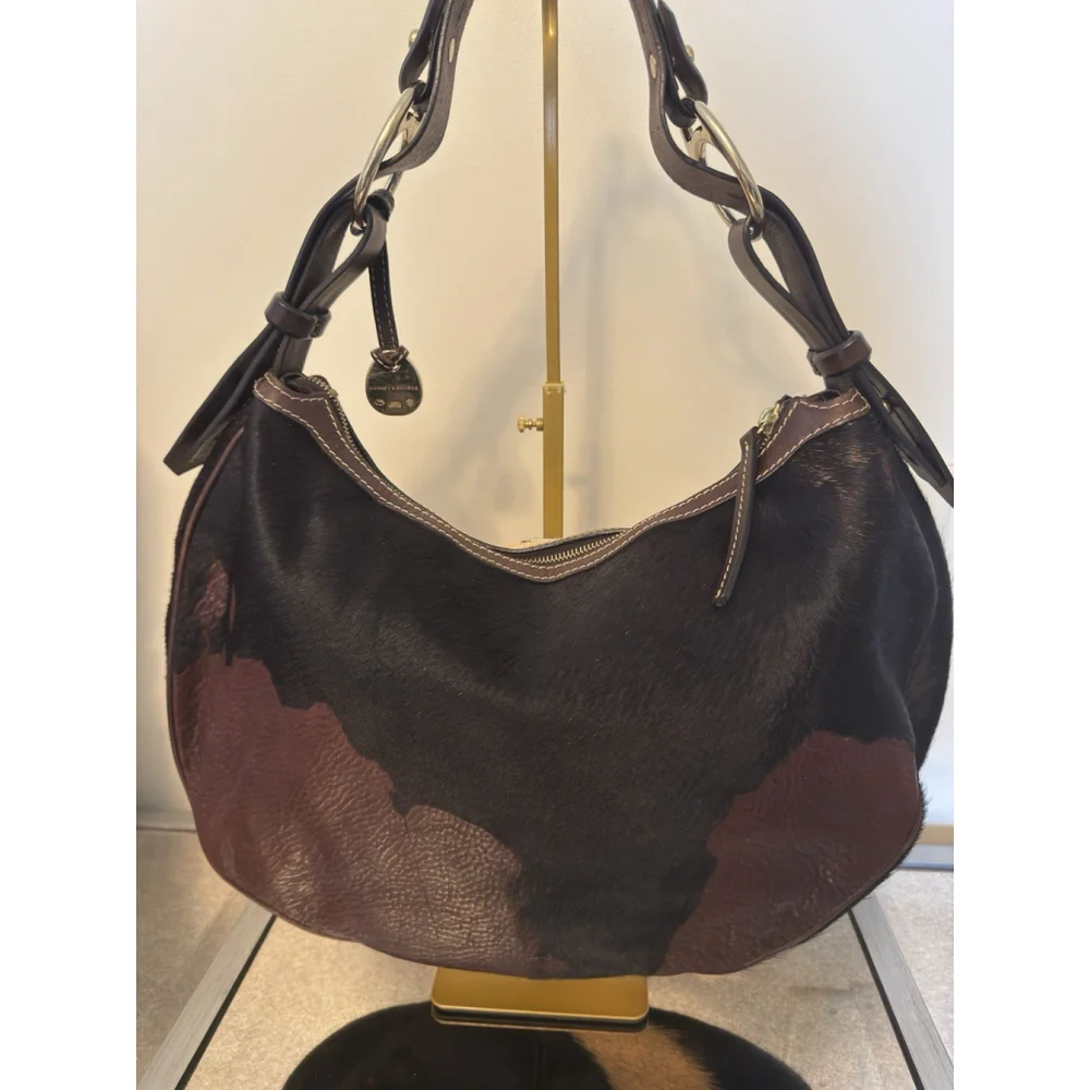 Dooney Bourke Hobo Brown Cognac Calf Hair Crescent Leather Satchel Bag